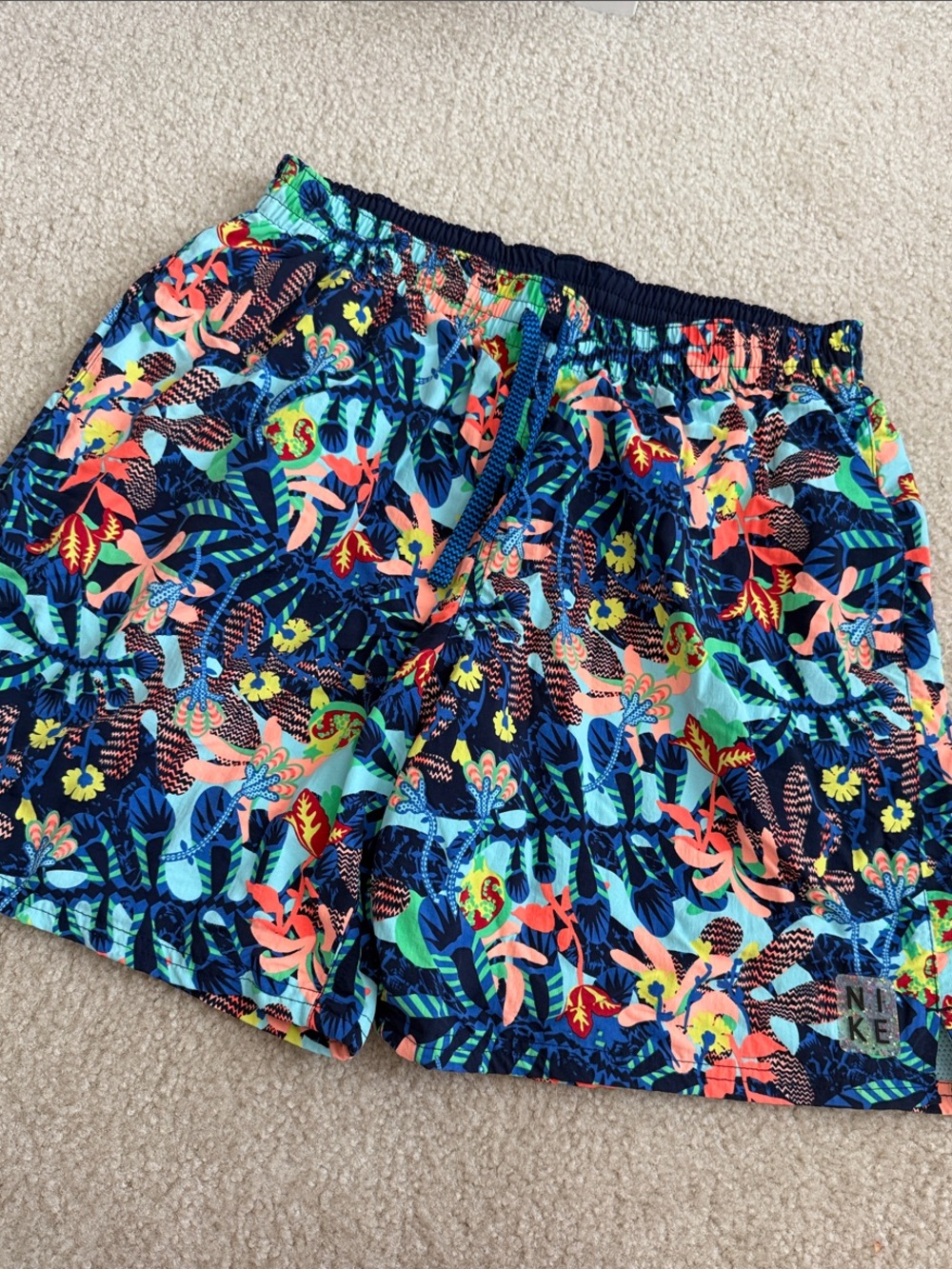 Nike Navy Tropical Floral Swim Shorts with Coral and Aqua Accents